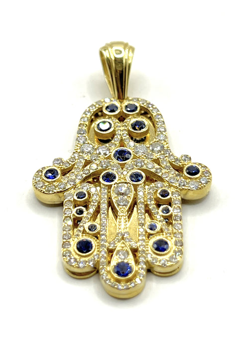 14K Yellow Gold & Diamond Khamsa with Sapphire Stones Necklace